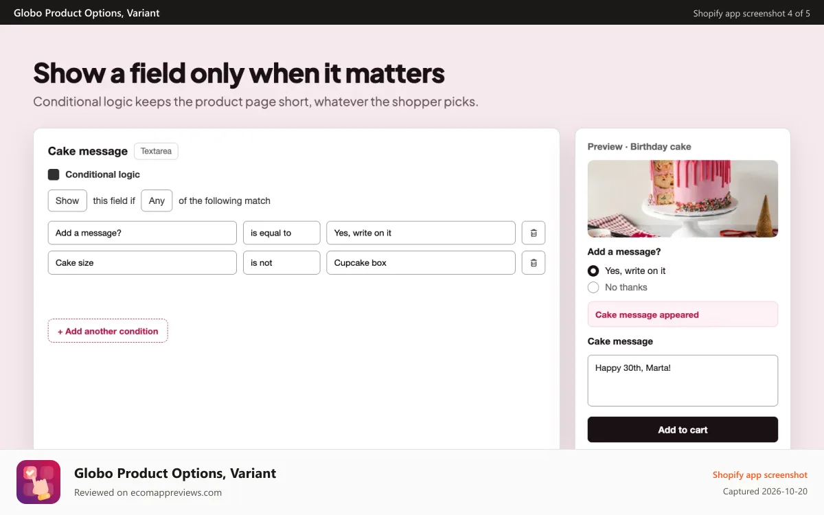 Globo Product Options, Variant Shopify app screenshot: Conditional logic options