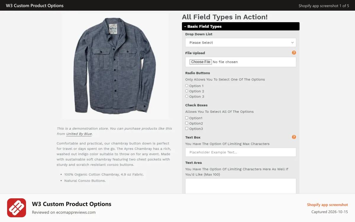 W3 Custom Product Options Shopify app screenshot: Basic Fields | Custom Product Options - W3Trends