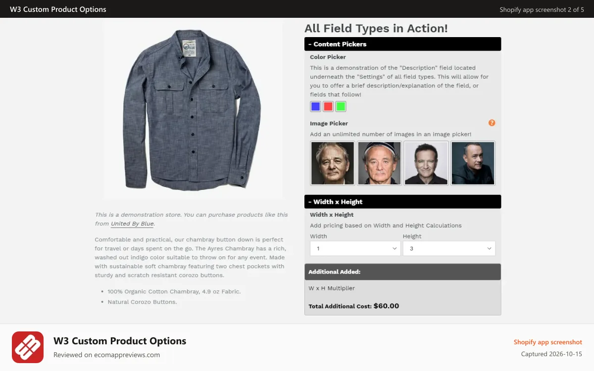 W3 Custom Product Options Shopify app screenshot: Image Picker Fields | Custom Product Options - W3Trends