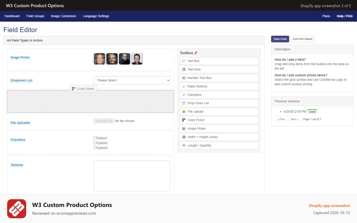 W3 Custom Product Options Shopify app screenshot: Drag and Drop | Custom Product Options - W3Trends