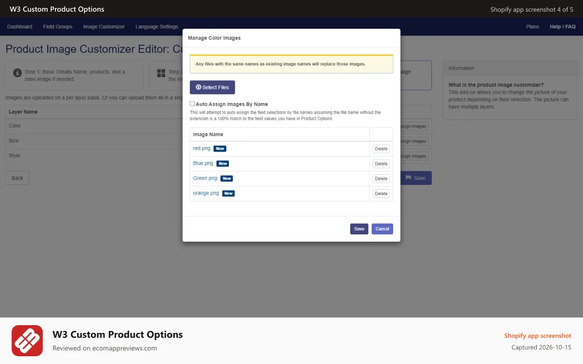 W3 Custom Product Options Shopify app screenshot: Image Customizer Admin | Custom Product Options - W3Trends