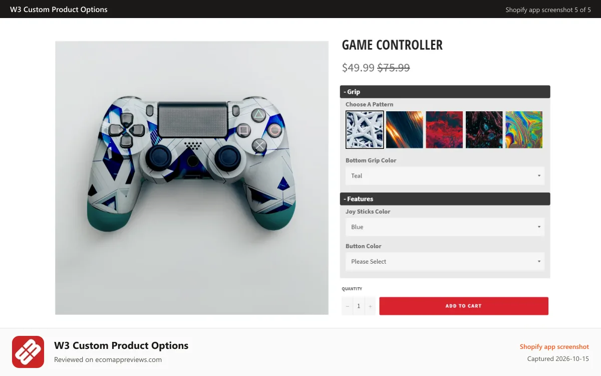 W3 Custom Product Options Shopify app screenshot: Image Customizer | Custom Product Options - W3Trends