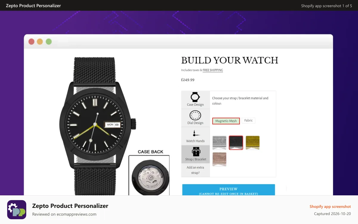 Zepto Product Personalizer Shopify app screenshot: Watch customizer