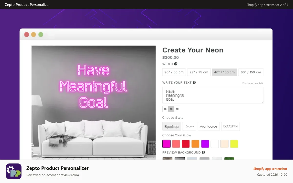 Zepto Product Personalizer Shopify app screenshot: Neon Customizer