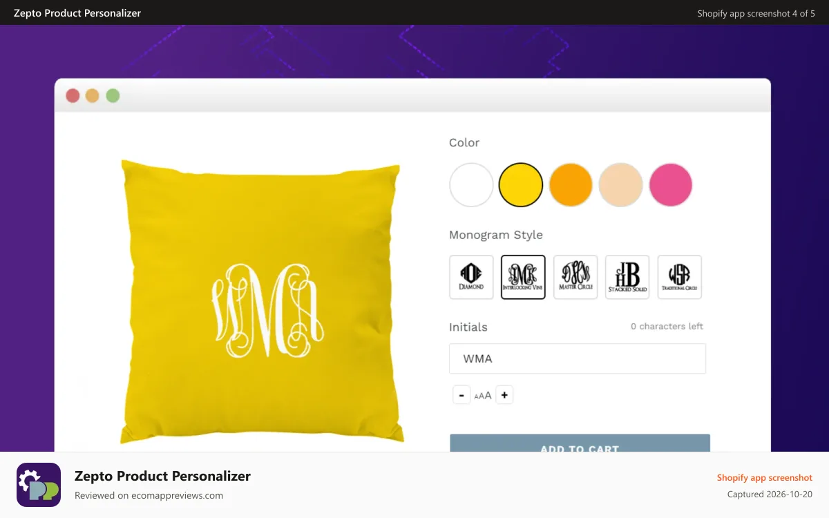 Zepto Product Personalizer Shopify app screenshot: Pillow Customizer, Monogram