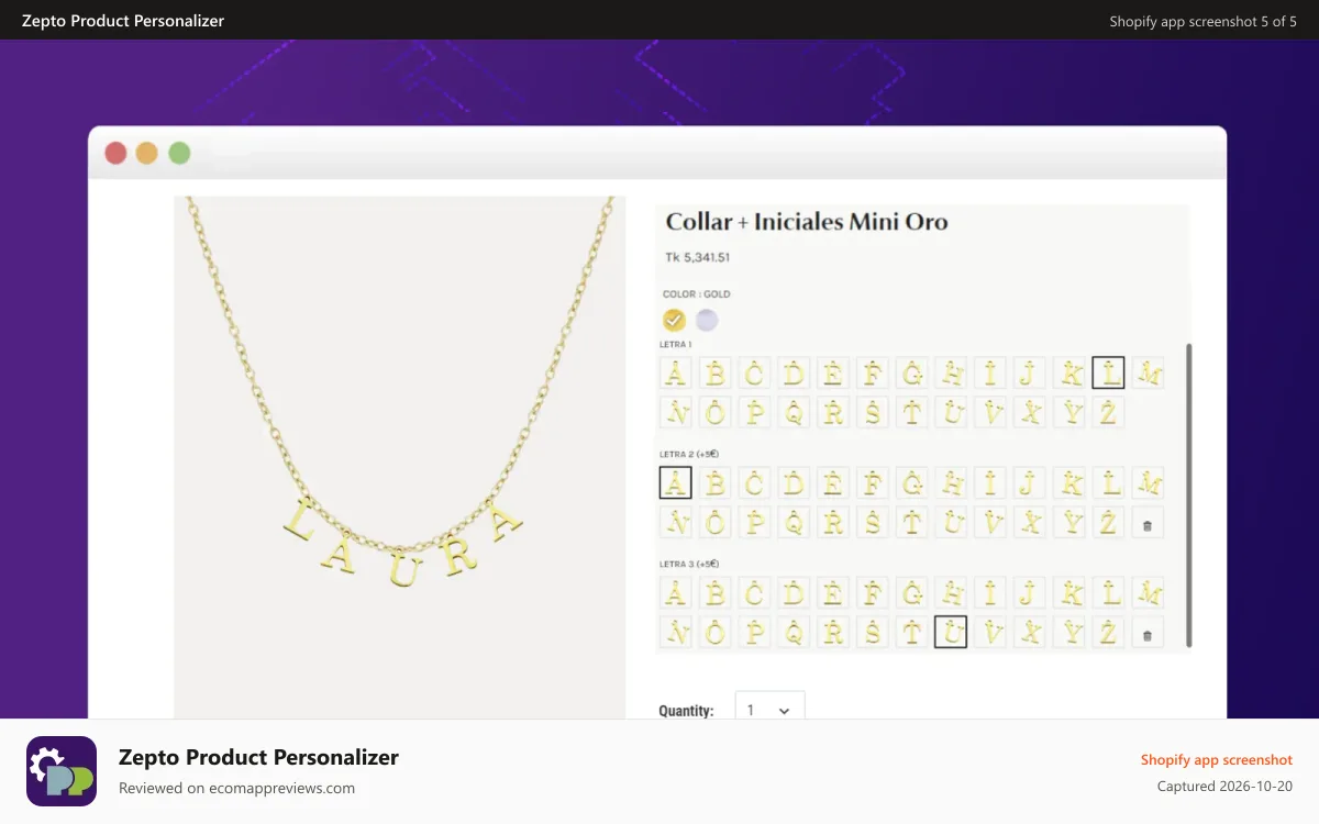 Zepto Product Personalizer Shopify app screenshot: Jewellery Customizer