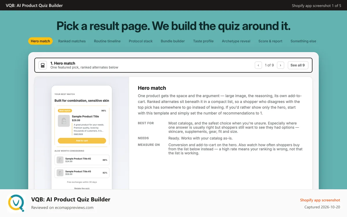 VQB: AI Product Quiz Builder Shopify app screenshot: We build a quiz around a desired outcome (usually a result page)