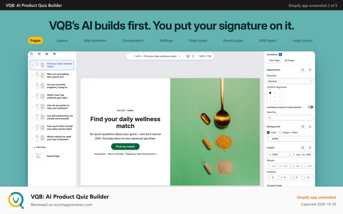 VQB: AI Product Quiz Builder Shopify app screenshot: Drag and drop editor with an AI agent to build for you