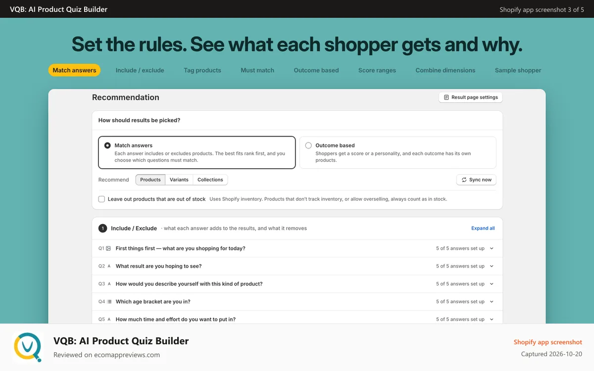 VQB: AI Product Quiz Builder Shopify app screenshot: In depth, intuitive recommendations set up.