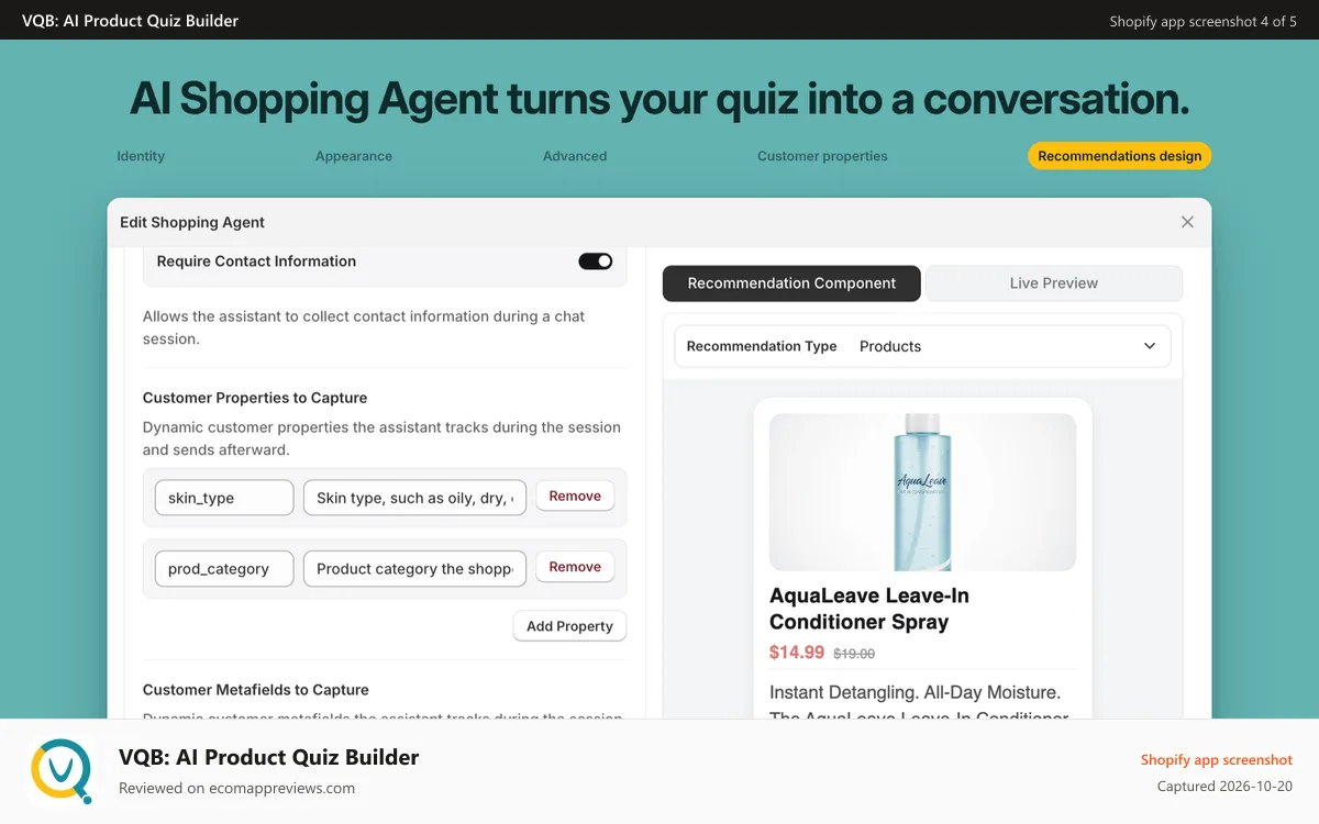 VQB: AI Product Quiz Builder Shopify app screenshot: AI Shopping agent converts the quiz into a conversation