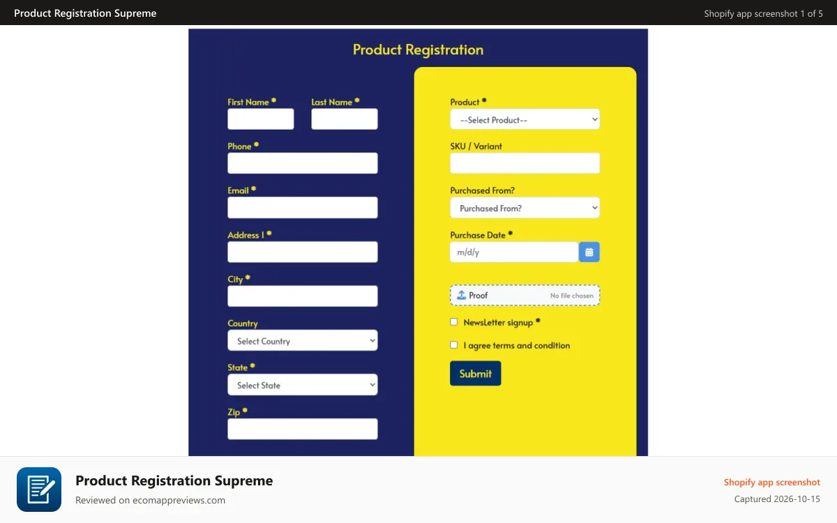 Product Registration Supreme Shopify app screenshot: Product Registration Supreme Form