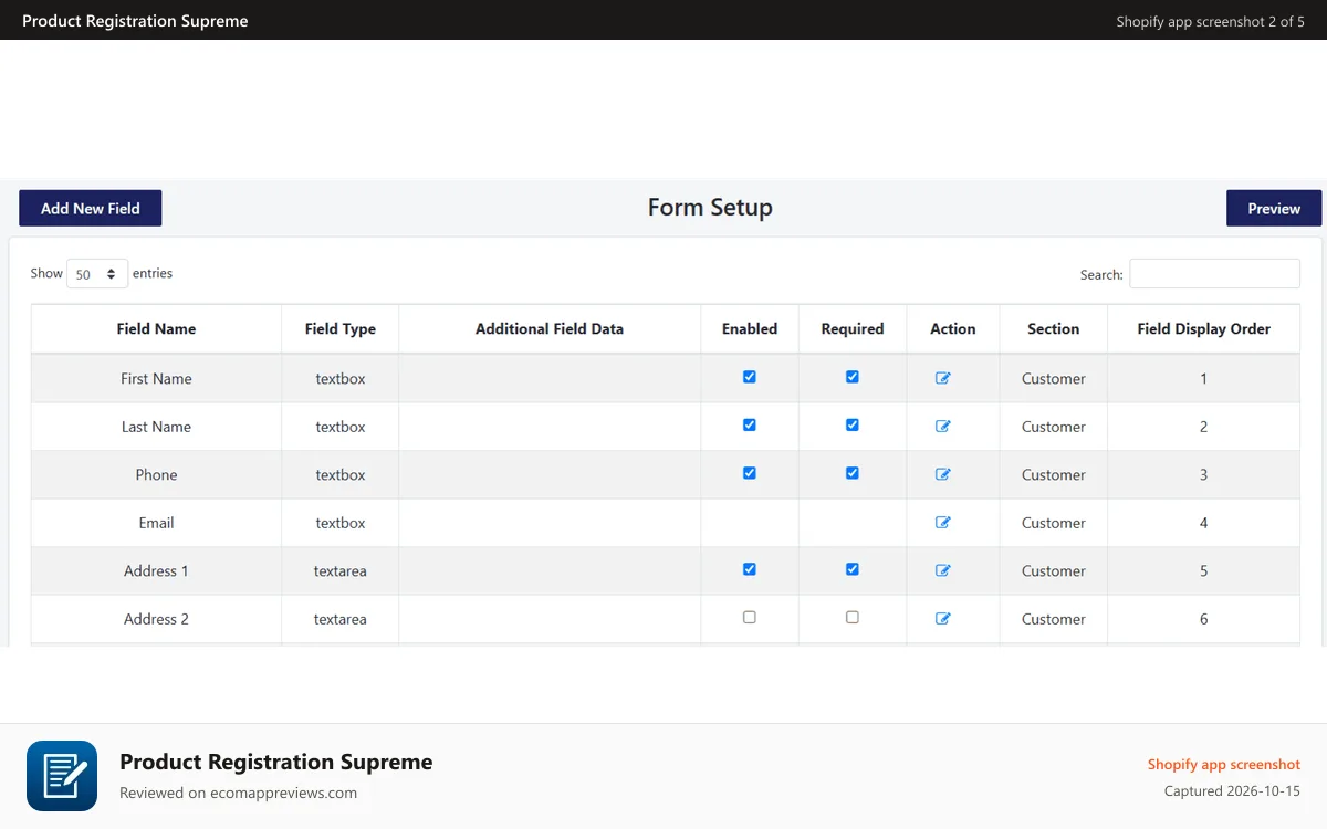 Product Registration Supreme Shopify app screenshot: Admin Form Setup