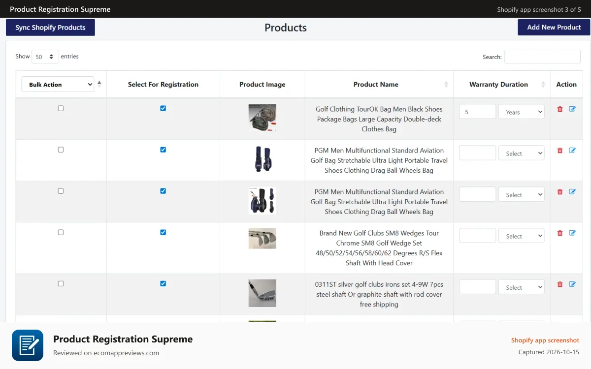 Product Registration Supreme Shopify app screenshot: Admin Product Listing