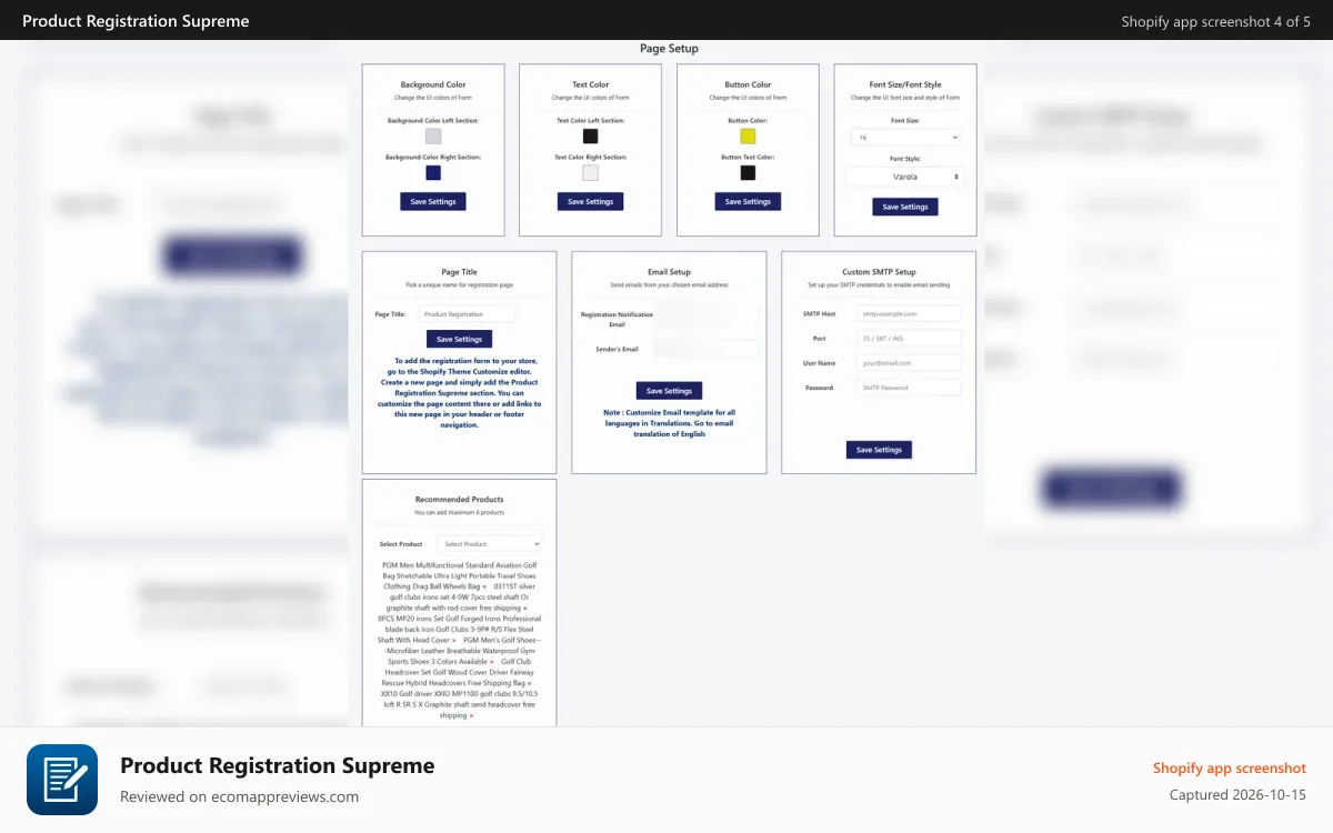 Product Registration Supreme Shopify app screenshot: Admin Page Setup