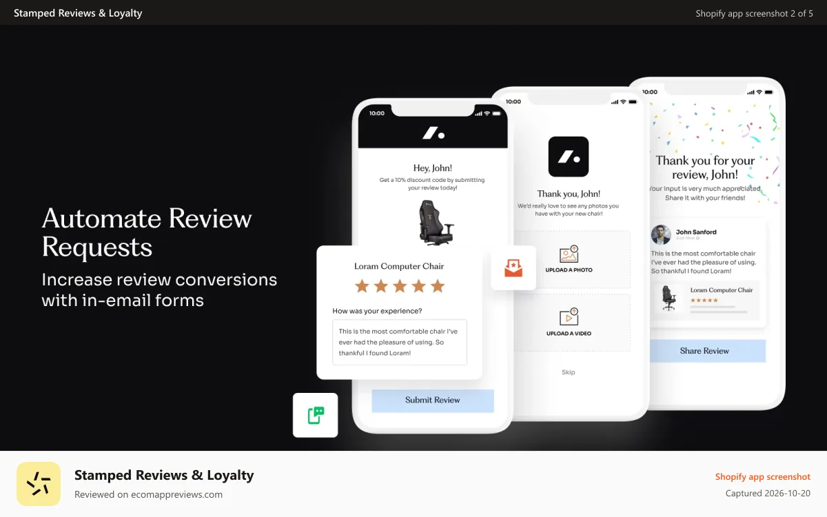 Stamped Reviews & Loyalty Shopify app screenshot: Automated Review Requests