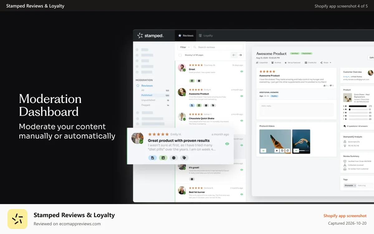 Stamped Reviews & Loyalty Shopify app screenshot: Review Moderation Automation