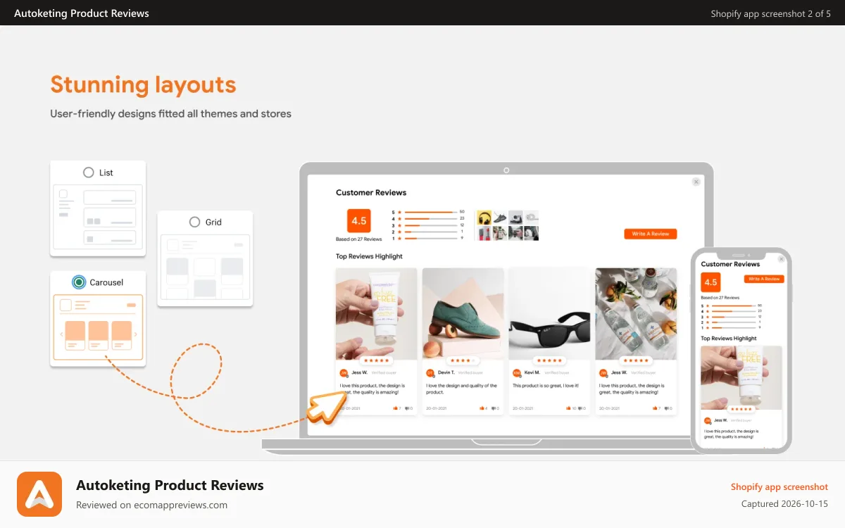 Autoketing Product Reviews Shopify app screenshot: Product Reviews App For Master Layout For Desktop