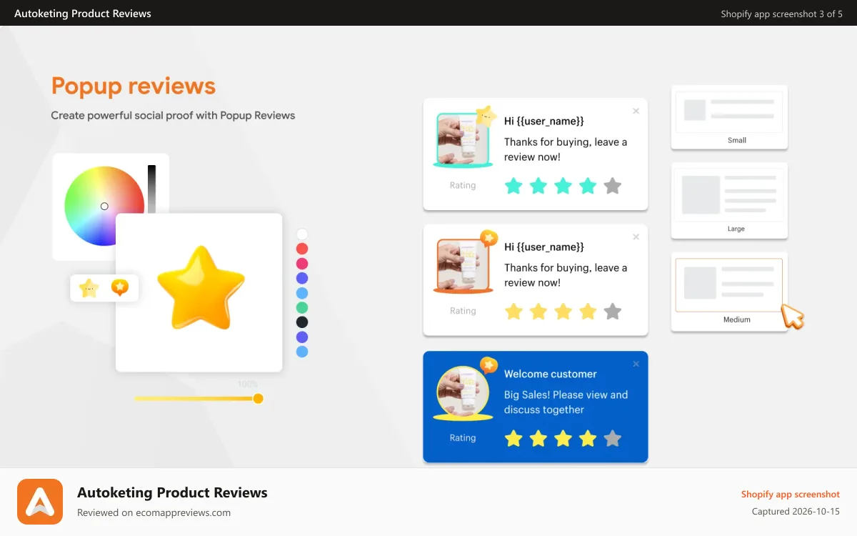 Autoketing Product Reviews Shopify app screenshot: Product Reviews App Popup Review