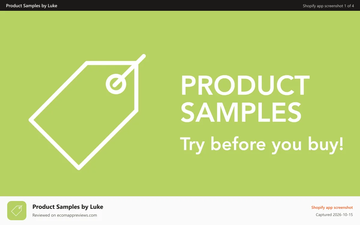 Product Samples by Luke Shopify app screenshot: Product Samples App - Try before you buy!
