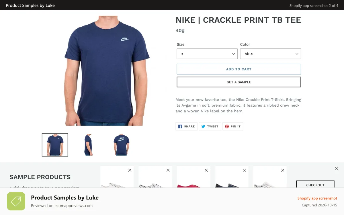 Product Samples by Luke Shopify app screenshot: App frontend display