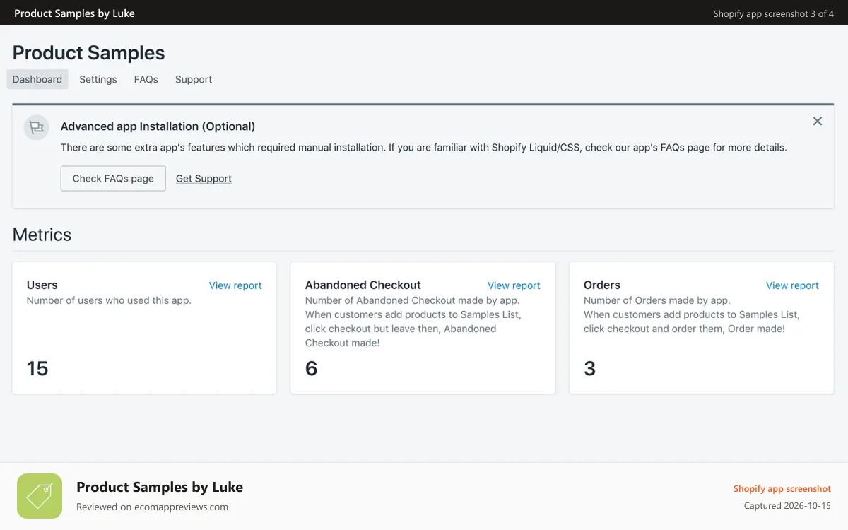 Product Samples by Luke Shopify app screenshot: Main app dashboard
