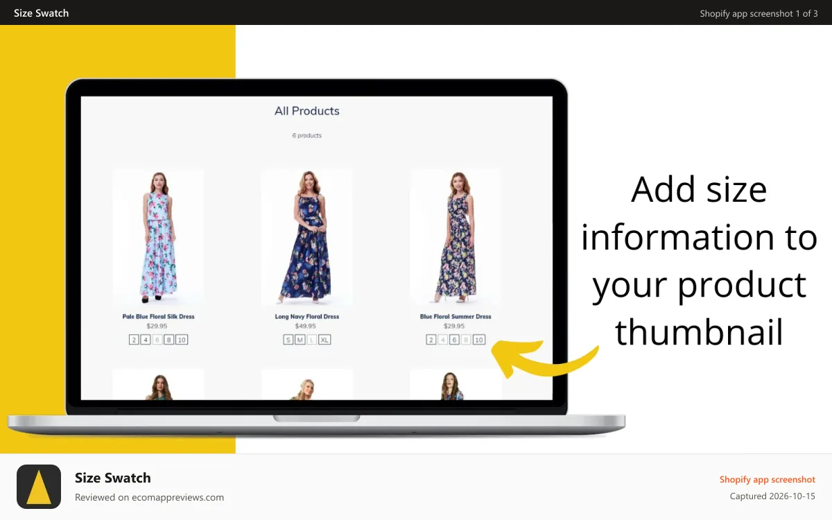 Size Swatch Shopify app screenshot: Display sizes on the collection page