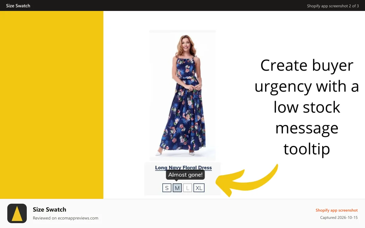 Size Swatch Shopify app screenshot: Stock availability tooltip on size swatch (on desktop)