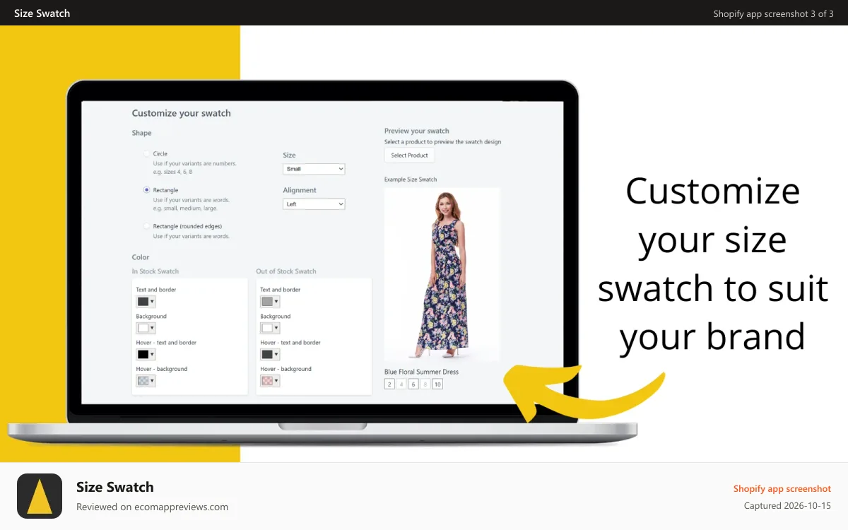Size Swatch Shopify app screenshot: Size Swatch App Dashboard to customize design