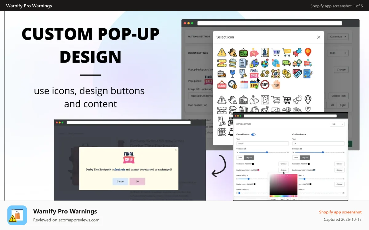 Warnify Pro Warnings Shopify app screenshot: Custom pop-up design use icons design buttons and content