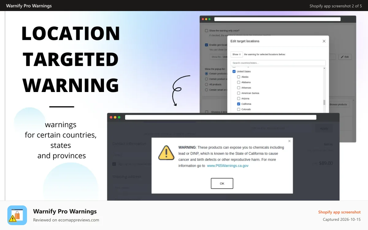 Warnify Pro Warnings Shopify app screenshot: Location targeted warning for certain countries states provinces