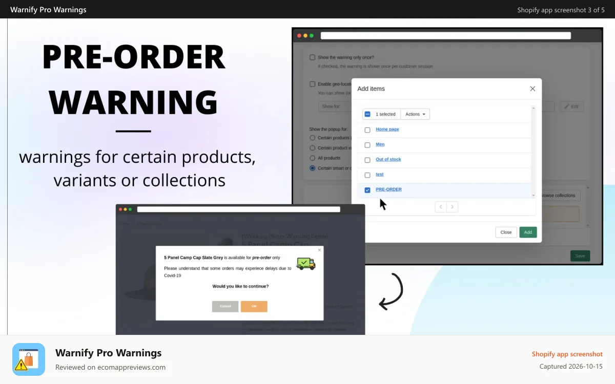 Warnify Pro Warnings Shopify app screenshot: Pre-order warning for certain products variants collections