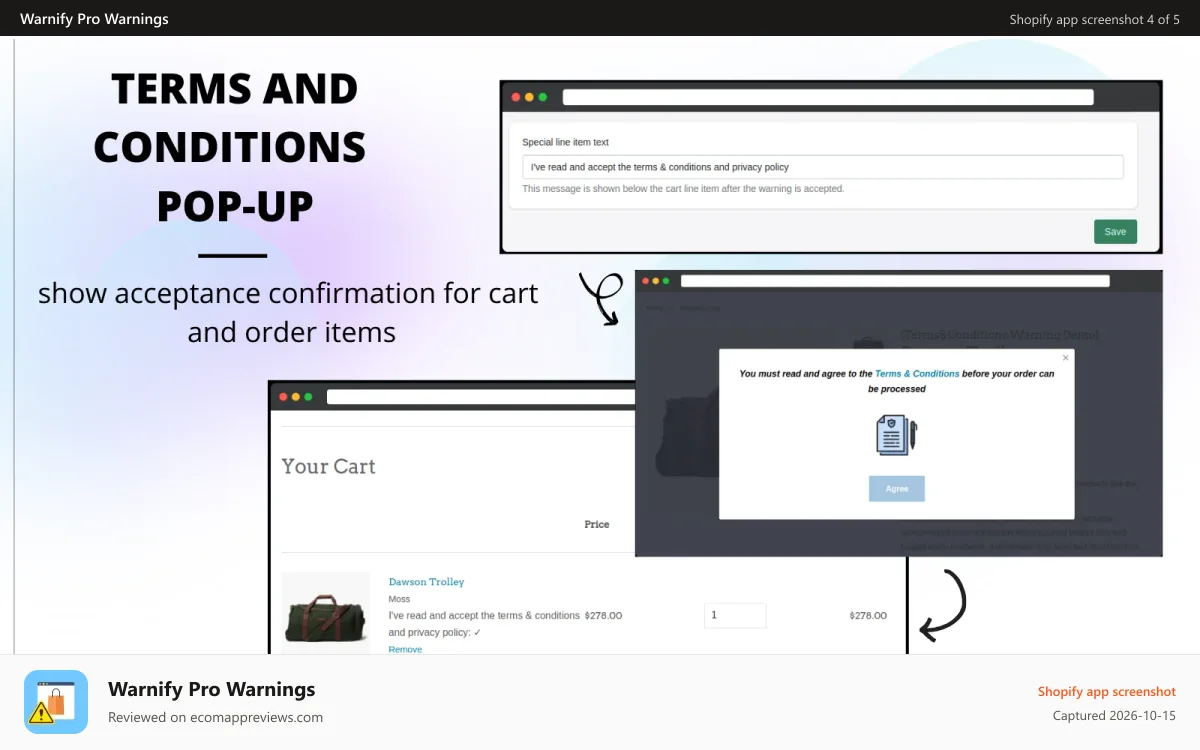 Warnify Pro Warnings Shopify app screenshot: Terms and condition pop-up show acceptance confirmation for cart