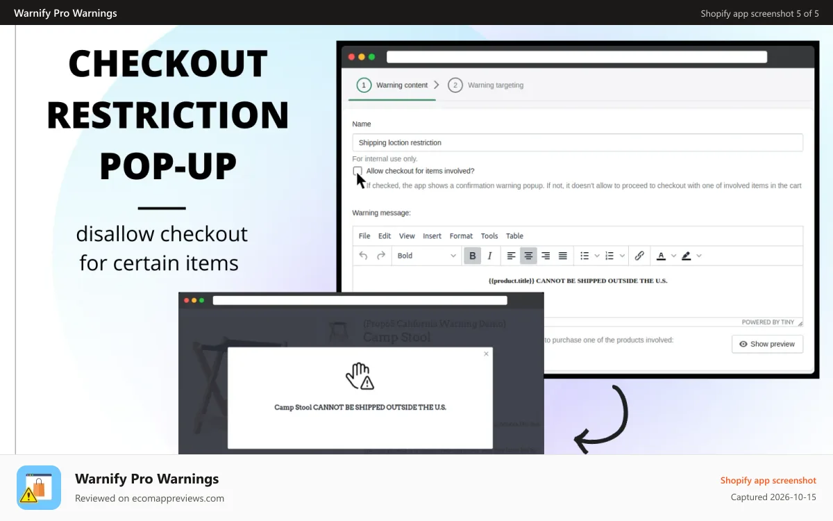 Warnify Pro Warnings Shopify app screenshot: Checkout restriction pop-up disallow checkout for certain items
