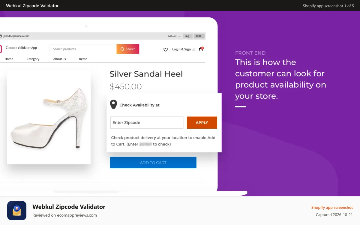 Webkul Zipcode Validator Shopify app screenshot: zipcode search on product page
