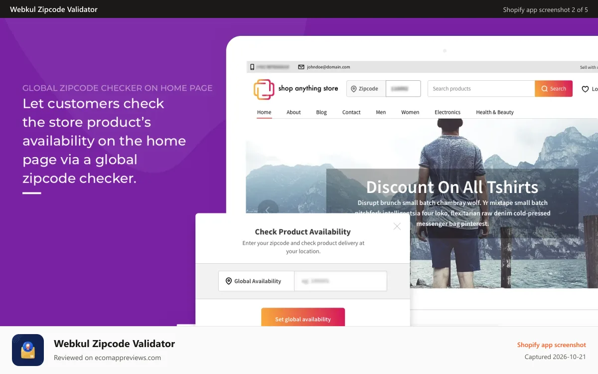 Webkul Zipcode Validator Shopify app screenshot: zipcode search on home page