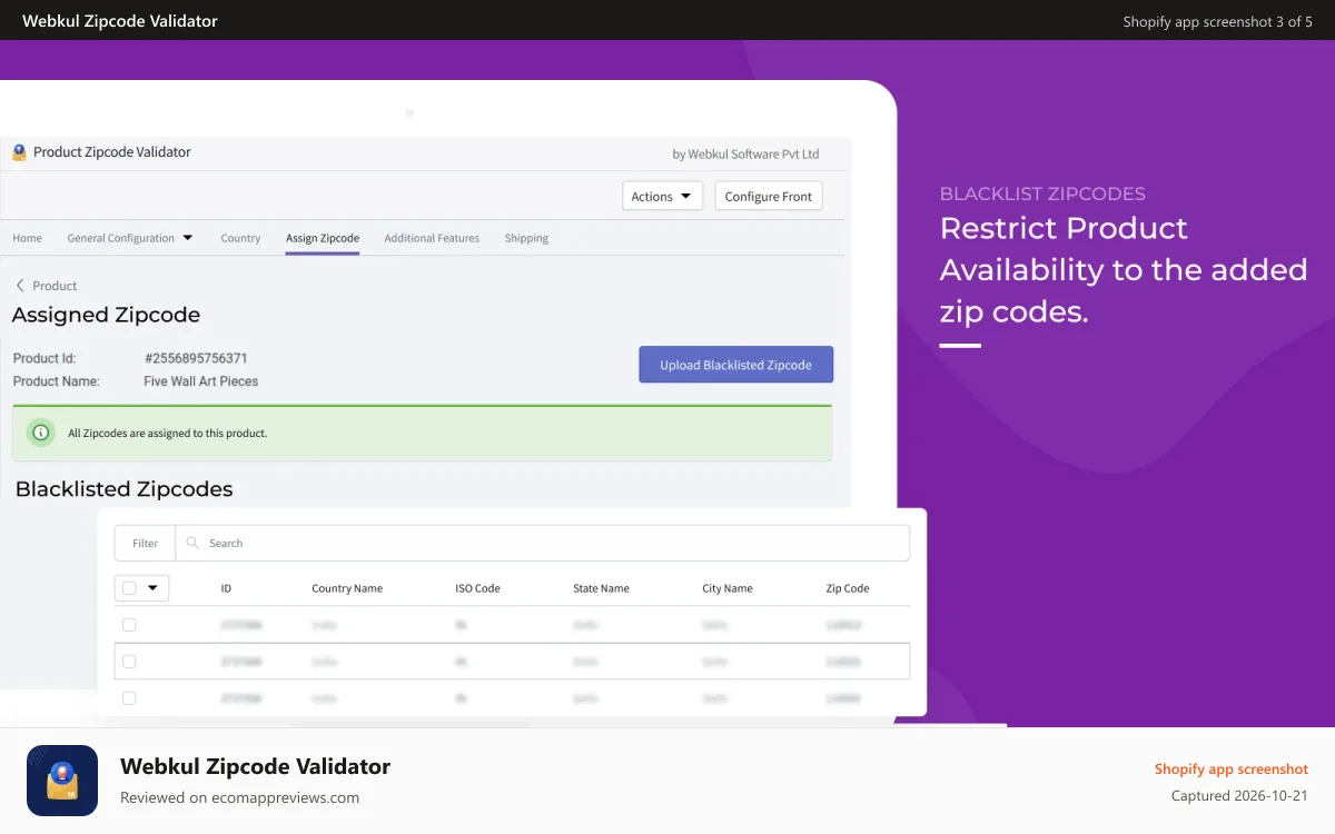 Webkul Zipcode Validator Shopify app screenshot: adding restricted zipcodes