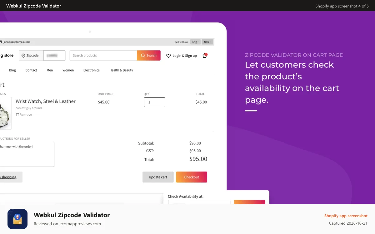 Webkul Zipcode Validator Shopify app screenshot: zipcode search on cart page