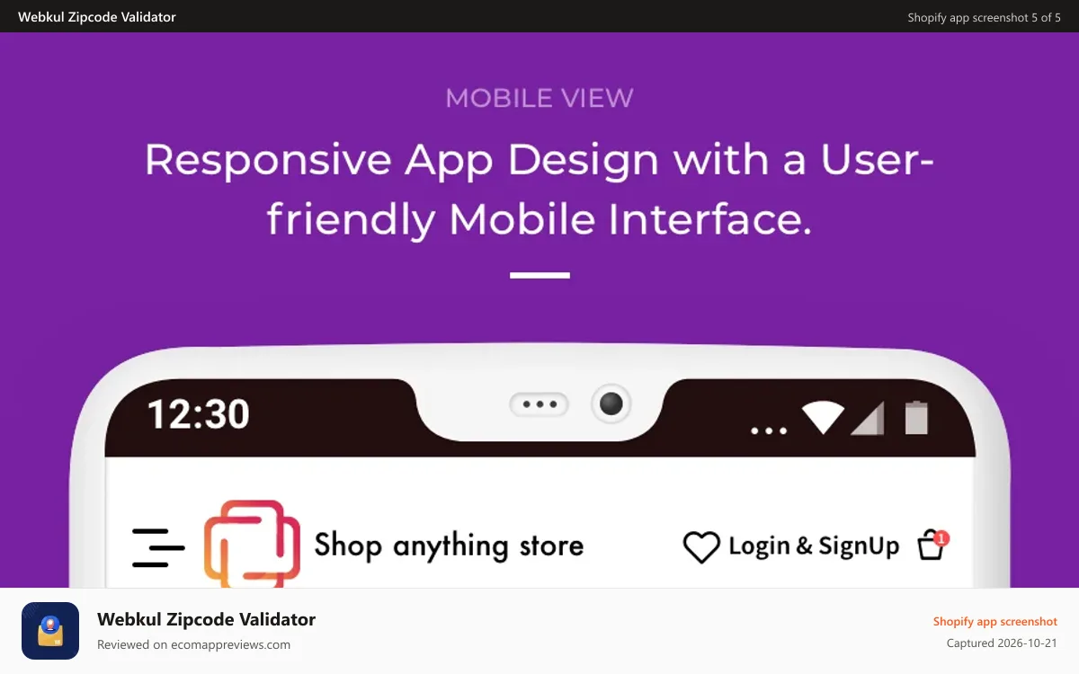 Webkul Zipcode Validator Shopify app screenshot: mobile view