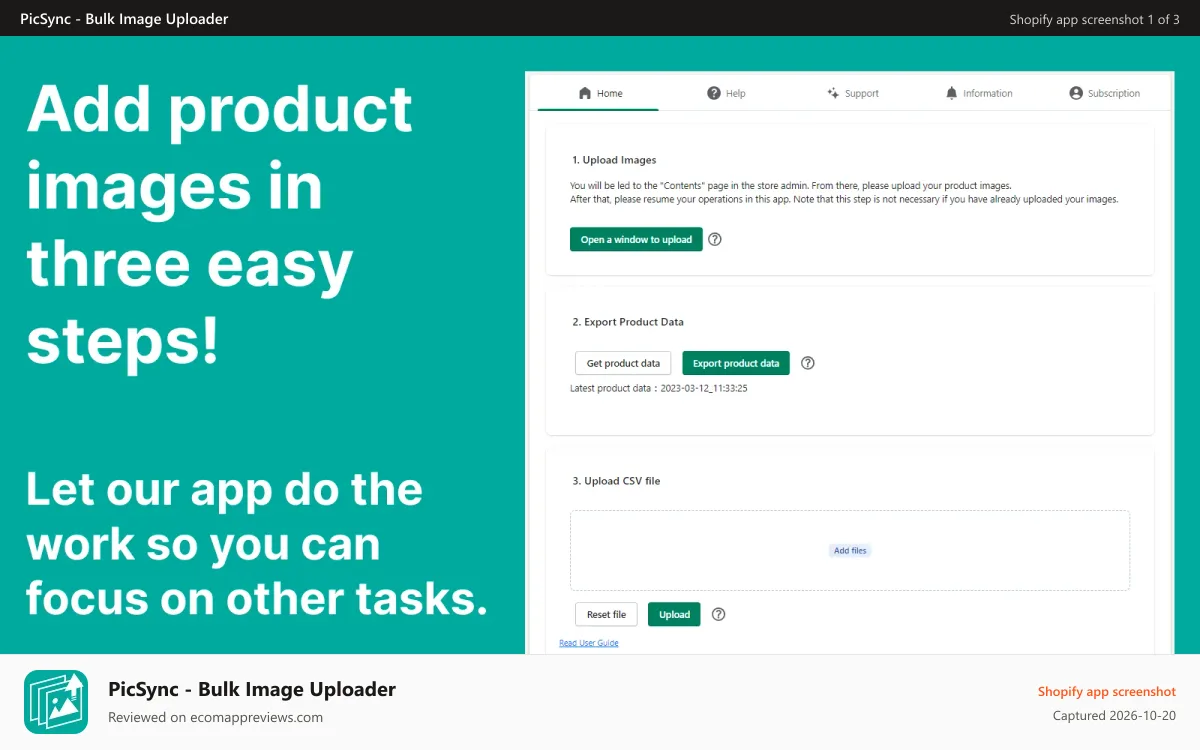 PicSync ‑ Bulk Image Uploader Shopify app screenshot: Automatically upload product images in just three simple steps!