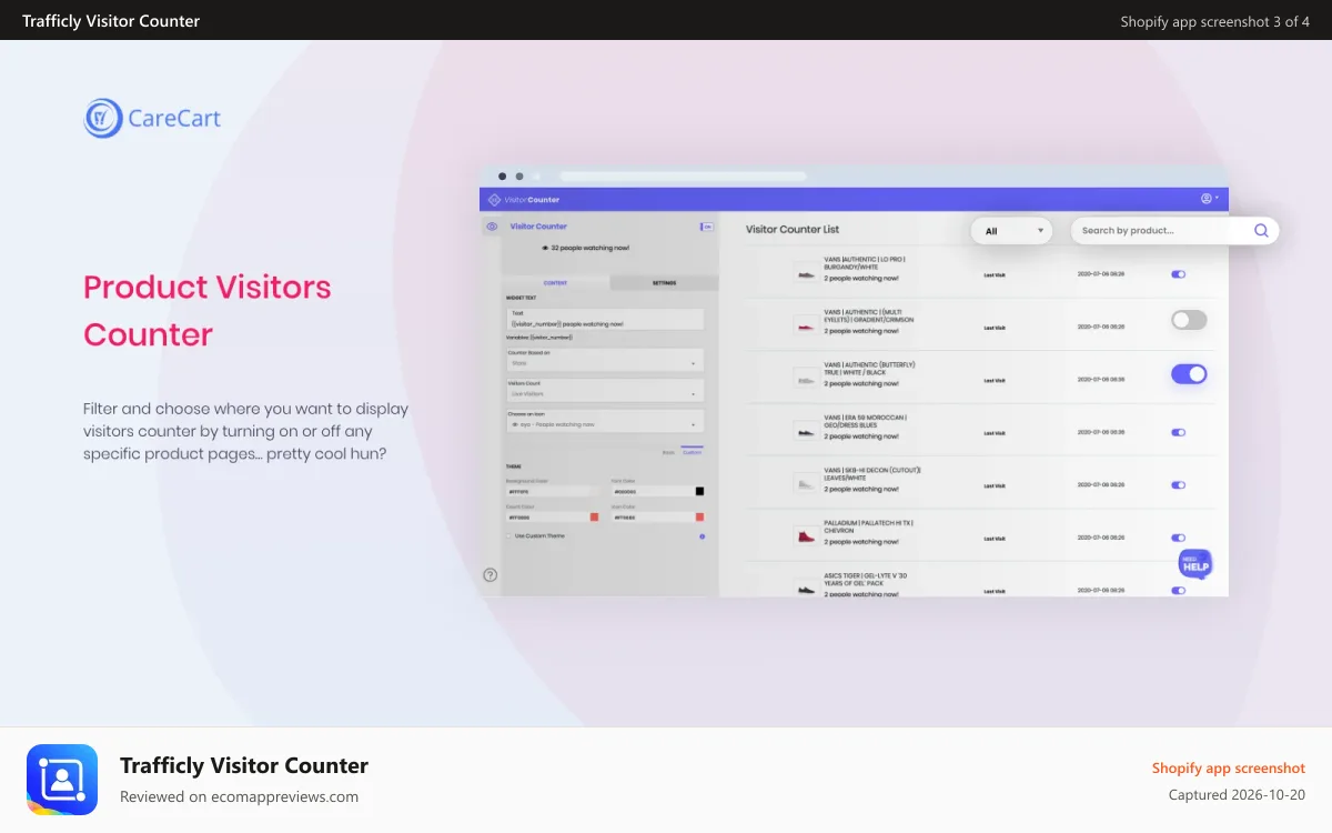 Trafficly Visitor Counter Shopify app screenshot: Product visitor counter app feature