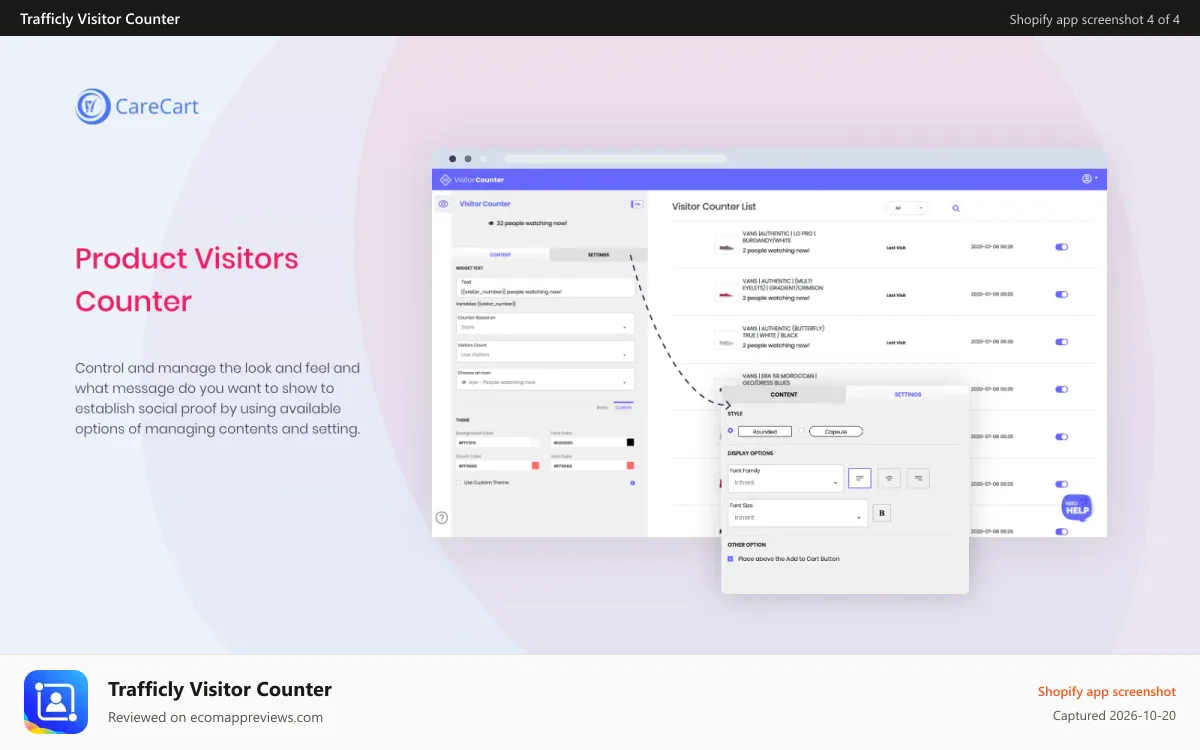 Trafficly Visitor Counter Shopify app screenshot: product visitors