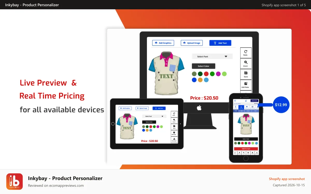 Inkybay ‑ Product Personalizer Shopify app screenshot: Shopify Product Customizer with live preview