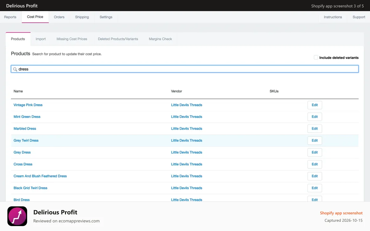 Delirious Profit Shopify app screenshot: Search for a product