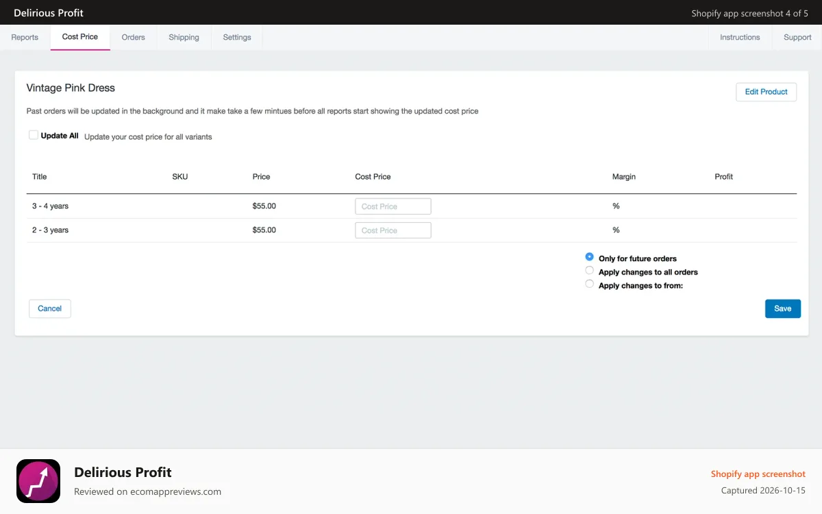 Delirious Profit Shopify app screenshot: Edit cost prices