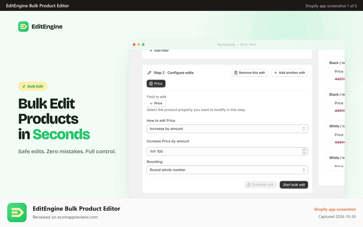EditEngine Bulk Product Editor Shopify app screenshot: EditEngine bulk edits thousands of Shopify products safely