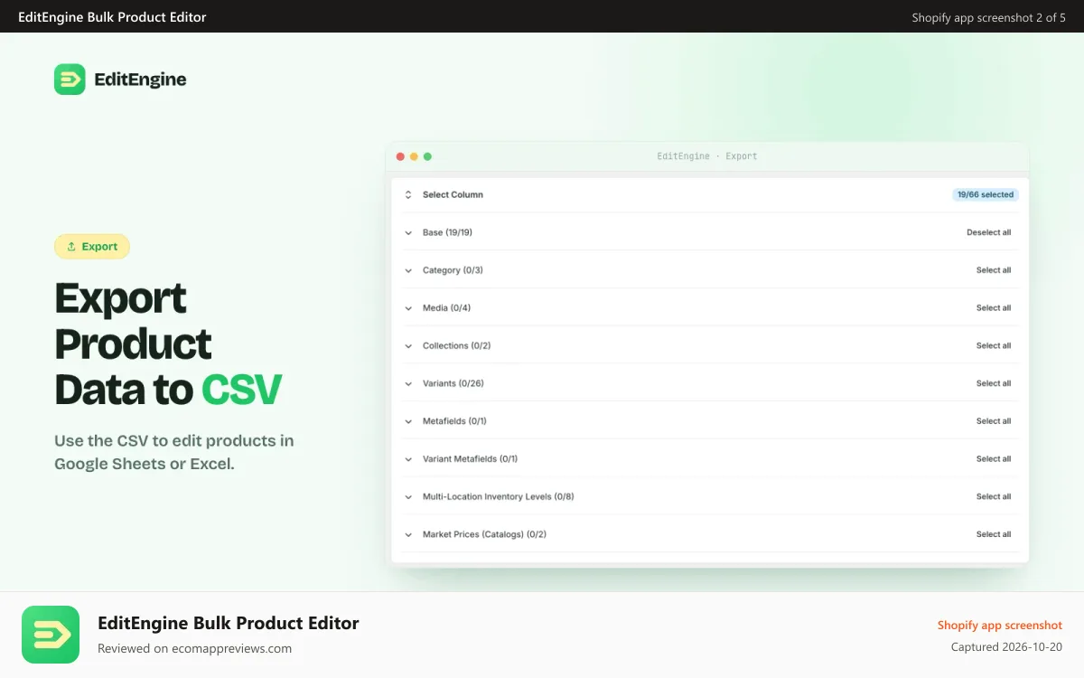 EditEngine Bulk Product Editor Shopify app screenshot: CSV export and import for Shopify product updates