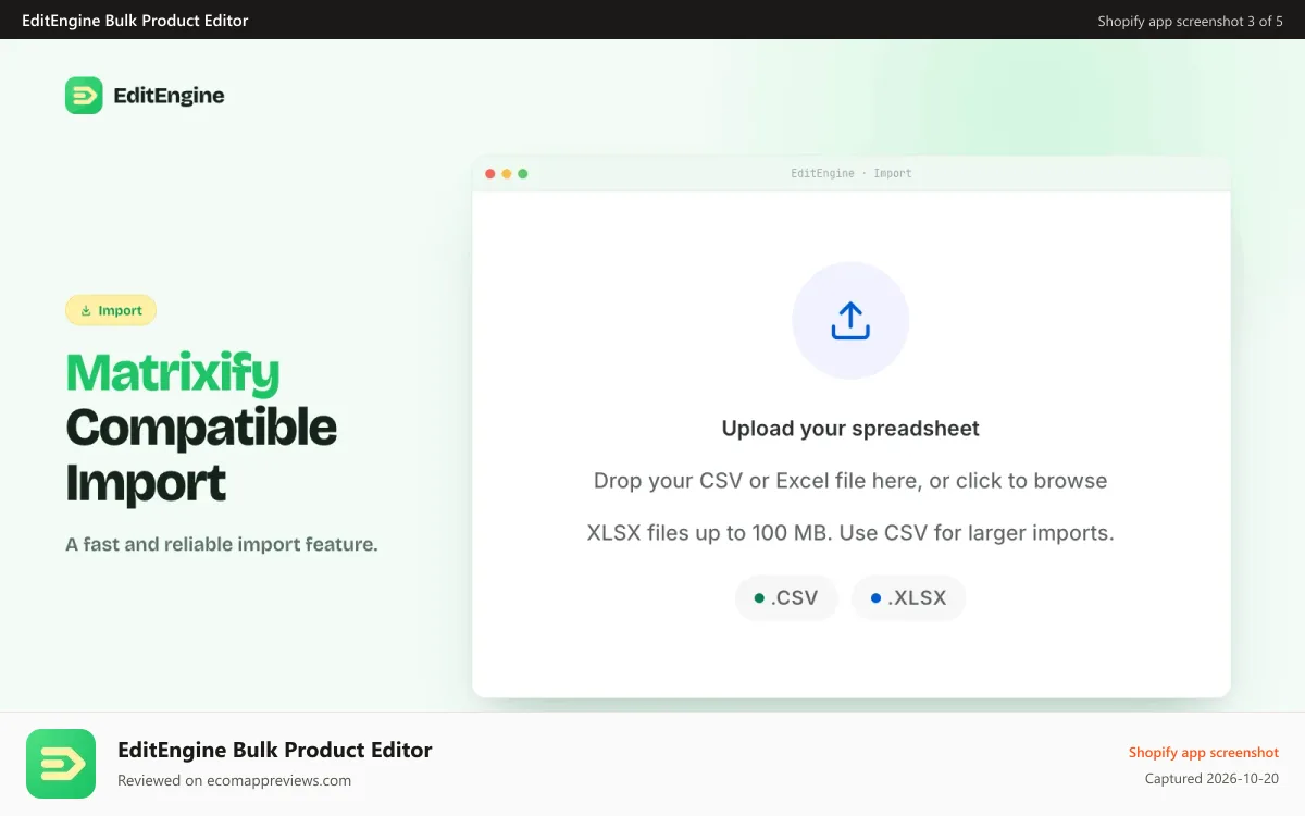 EditEngine Bulk Product Editor Shopify app screenshot: Import Shopify product data from CSV files