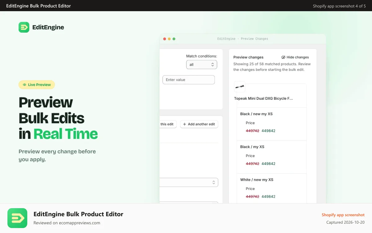 EditEngine Bulk Product Editor Shopify app screenshot: Preview Shopify product edits before applying changes