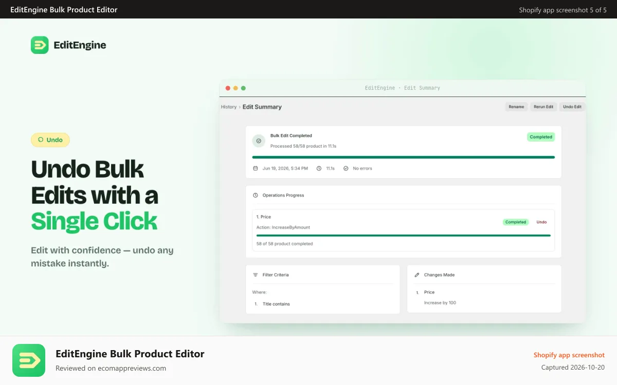EditEngine Bulk Product Editor Shopify app screenshot: Undo Shopify bulk product edits from operation history