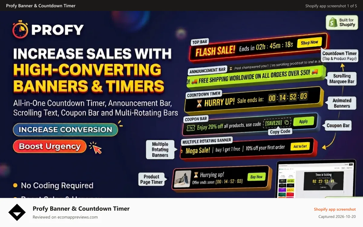 Profy Banner & Countdown Timer Shopify app screenshot: countdown timer & banner